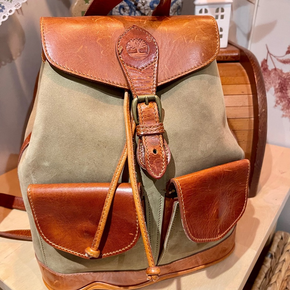 Timberland Olive and Brown Leather Backpack
